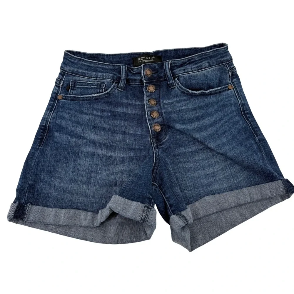 Judy Blue Los Angeles Women Size 28 Blue Denim Button Fly Cuffed Shorts JB15007‎